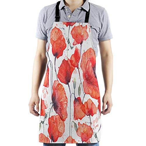 HGOD DESIGNS Poppy Flower Kitchen Apron,Watercolor Wild Red Poppies Pattern Bib Aprons For Home Cooking Gardening Adjustable Neck for Women...