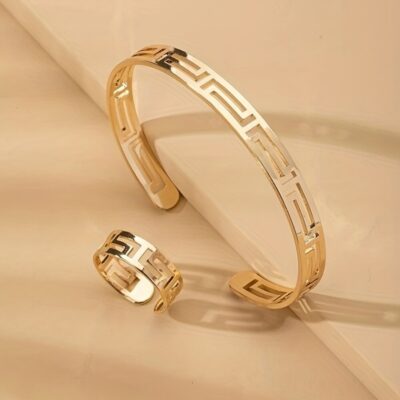 18K Gold Plated Alloy Jewelry Set With Cuff Bangle Bracelet Opening Finger Ring Jewelry Mother's Day Gift