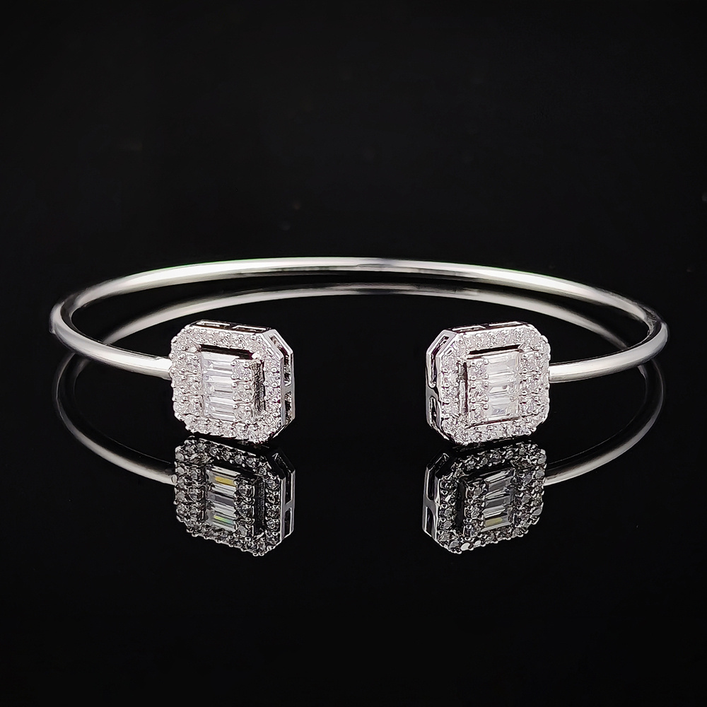 Simple Rectangle Zircon Cuff Bangle Bracelet For Women Adjustable Anniversary Gift