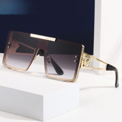 Square Frame Oversized Sunglasses One Piece Classic Sunshade Eyewear Metal Temple Hollow Driving Eyeglasses