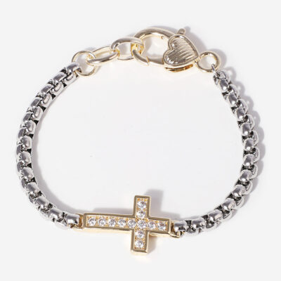 CZ Cross Box Chain Heart Lobster Closure Bracelet