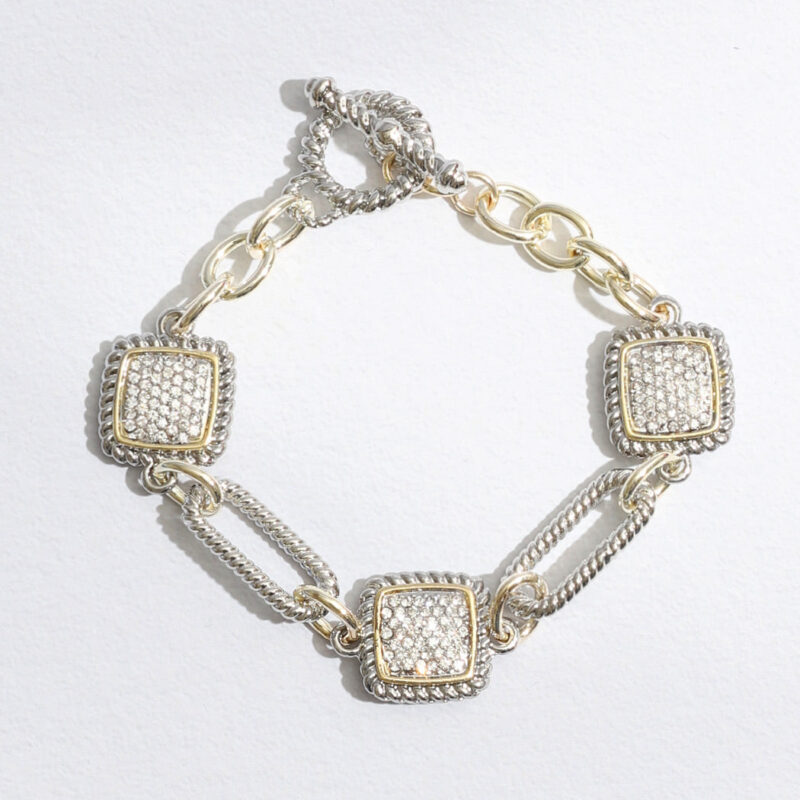 Mixes Chain and CZ Square Charms Toggle Bracelet