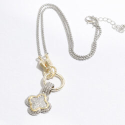 Two Tone CZ Clover Pendant Chain Linked Necklace