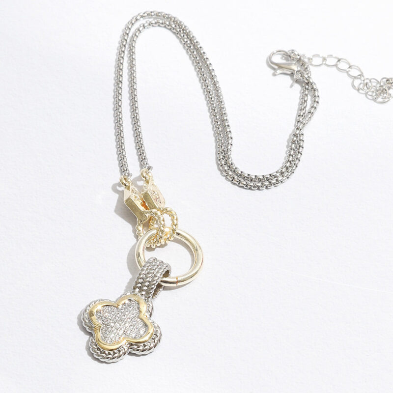 Two Tone CZ Clover Pendant Chain Linked Necklace