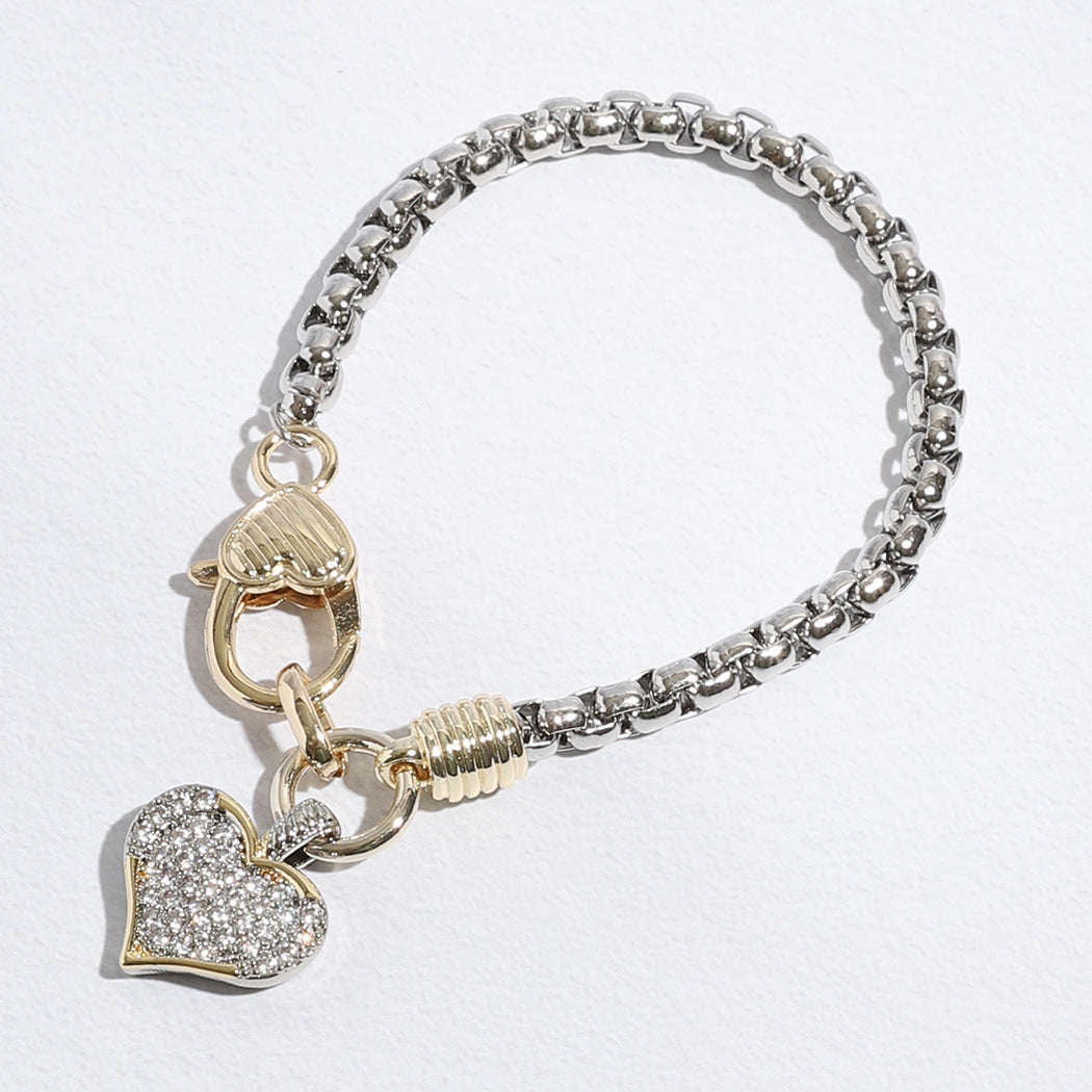 Two Tone CZ Stone Paved Heart Charm Bracelet